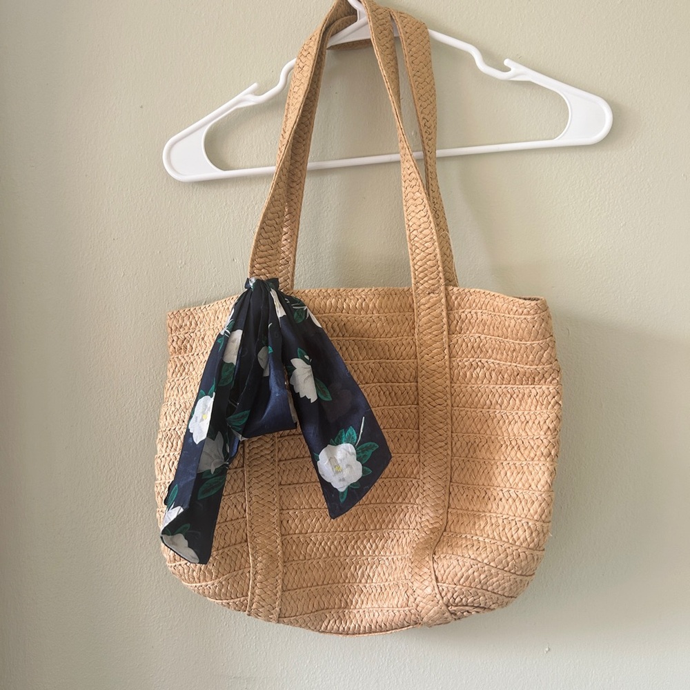 Elegant Tan Woven Tote Bag with Floral Scarf